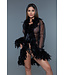 BeWicked Eleganter kurzer schwarzer Chiffon-Kimono mit Federboa und Satin-Schleifen
