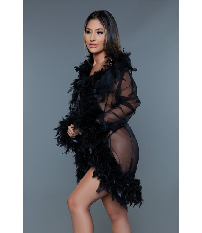 BeWicked Luxurious Short Black Chiffon Kimono with Feather Trim and Satin Ties