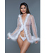 BeWicked Elegant White Chiffon Kimono with Faux Fur Trim and Satin Bow