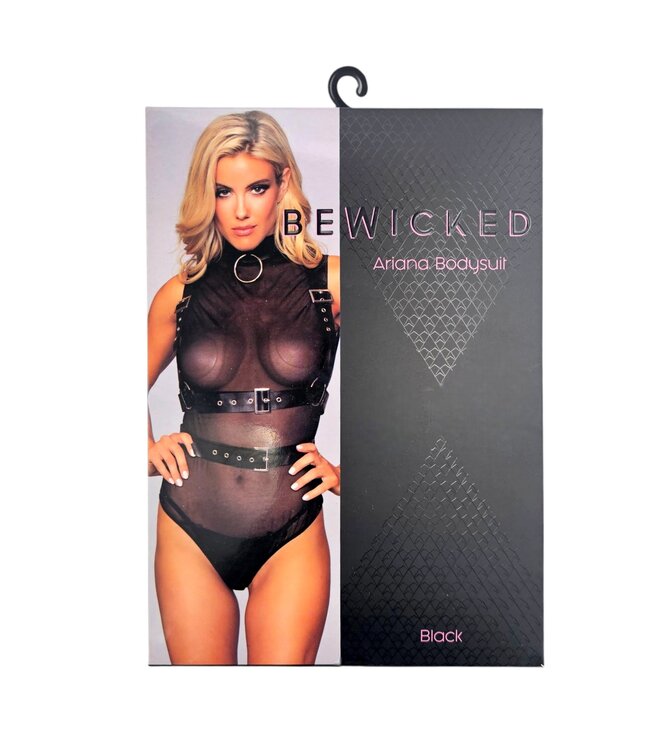 BeWicked Ariana Black Mesh Bodysuit with Faux Leather Harness & Zip Detail