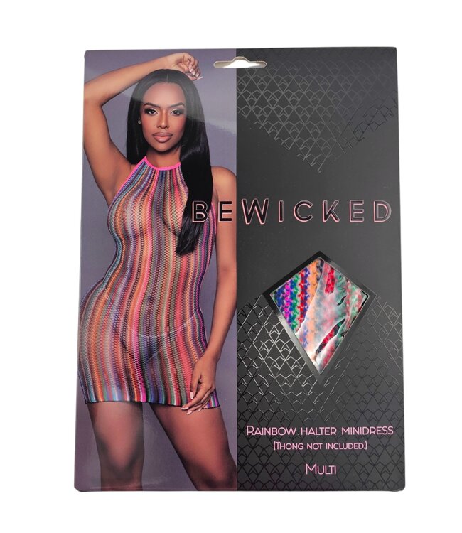 BeWicked Betoverende Rainbow Fishnet Halter Mini Jurk | Bodycon | 100% Nylon | Be Wicked