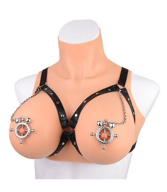 Kiotos BDSM PU-Leder Harnisch mit verstellbaren Nippelklemmen & Glöckchen