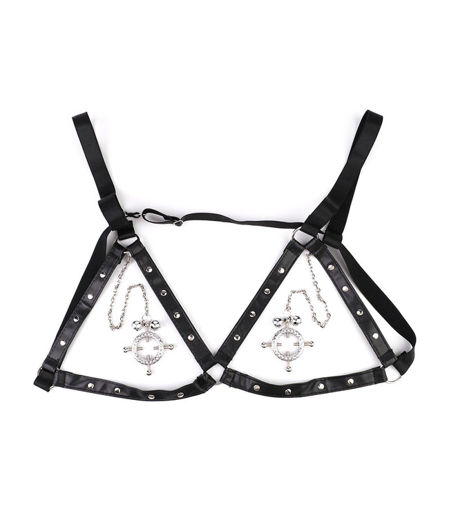 Kiotos BDSM Adjustable PU Leather Nipple Clamps & Harness Set with Bells
