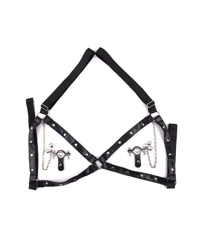 Kiotos BDSM Verstellbare Nippelklemmen & PU-Leder BH-Harness mit Glöckchen