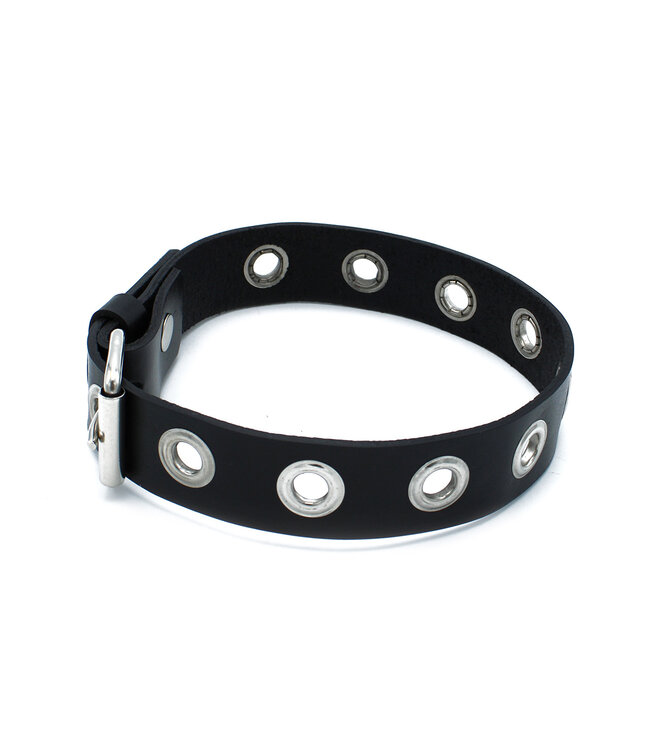Kiotos Leather Stylish Black Leather Collar with Metal Eyelets - Adjustable 58 cm