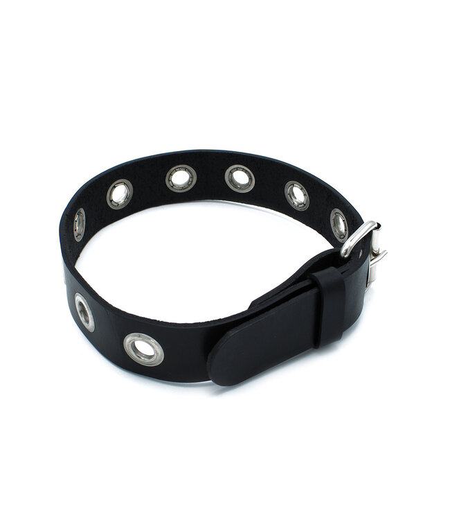 Kiotos Leather Stylish Black Leather Collar with Metal Eyelets - Adjustable 58 cm