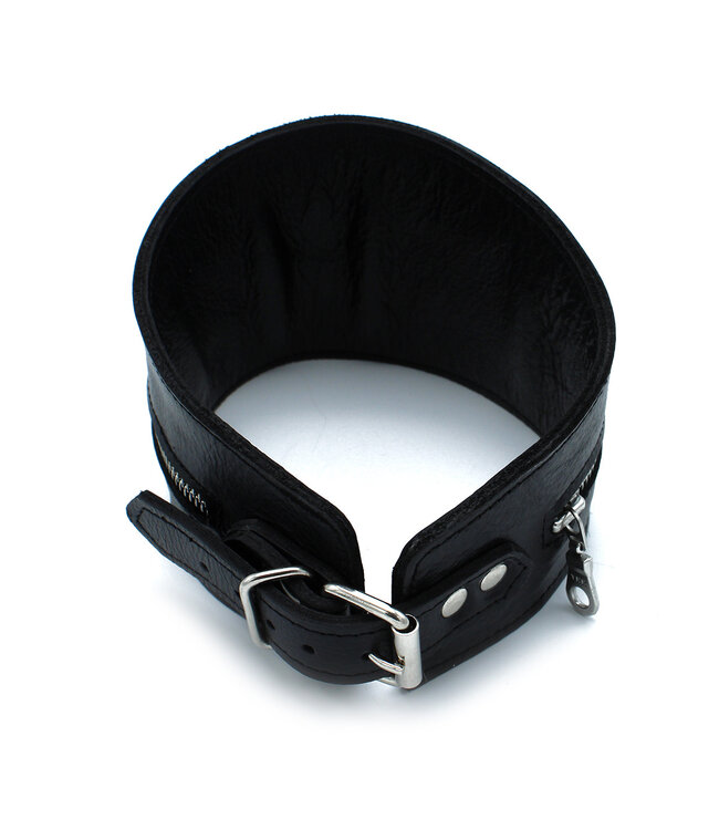 Kiotos Leather Stijlvolle Zwarte Leren Hoge Halsband met Rits voor Bondage en Rollenspellen