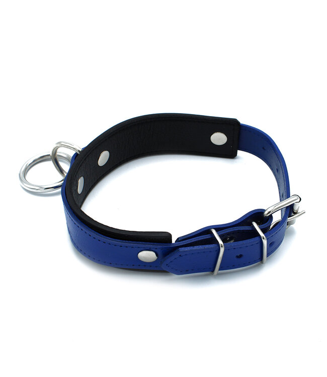 Kiotos Leather Stijlvolle Zwart-Blauwe Leren Halsband met O-Ring | Verstelbaar & Duurzaam