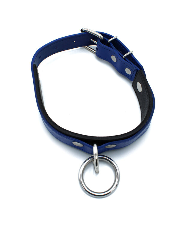 Kiotos Leather Stijlvolle Zwart-Blauwe Leren Halsband met O-Ring | Verstelbaar & Duurzaam