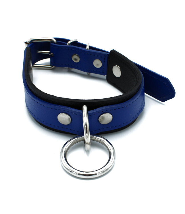 Kiotos Leather Stijlvolle Zwart-Blauwe Leren Halsband met O-Ring | Verstelbaar & Duurzaam