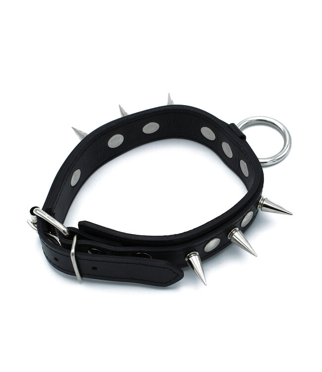 Kiotos Leather Cooles schwarzes Lederhalsband mit Spikes & O-Ring, verstellbar