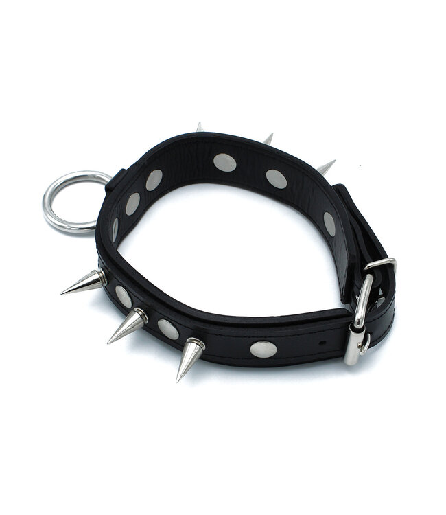Kiotos Leather Tough Adjustable Black Leather Spike Collar with O-Ring - 54.5cm