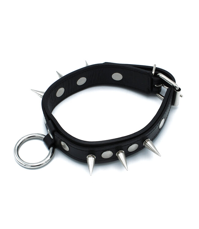 Kiotos Leather Cooles schwarzes Lederhalsband mit Spikes & O-Ring, verstellbar