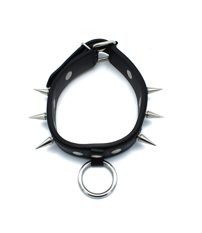 Kiotos Leather Tough Adjustable Black Leather Spike Collar with O-Ring - 54.5cm