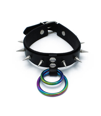 Kiotos Leather Adjustable Black Leather Spiked Collar with Rainbow O-Rings