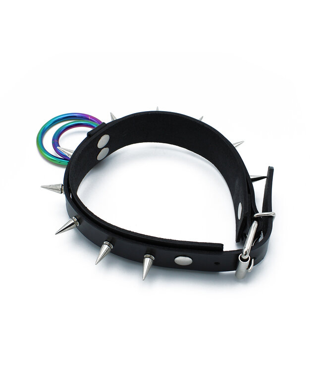 Kiotos Leather Verstelbare Zwarte Leren Halsband met Spikes en Kleurrijke O-Ringen
