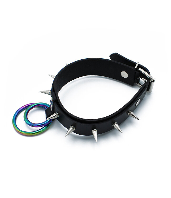 Kiotos Leather Adjustable Black Leather Spiked Collar with Rainbow O-Rings