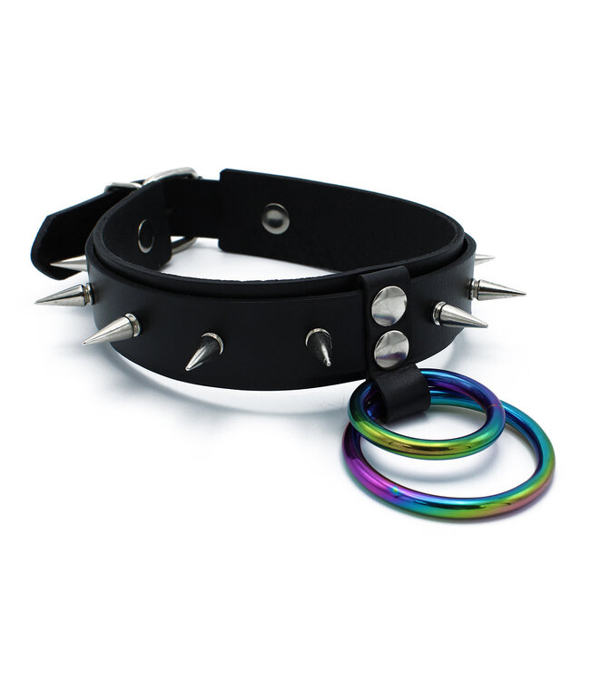 Kiotos Leather Verstelbare Zwarte Leren Halsband met Spikes en Kleurrijke O-Ringen