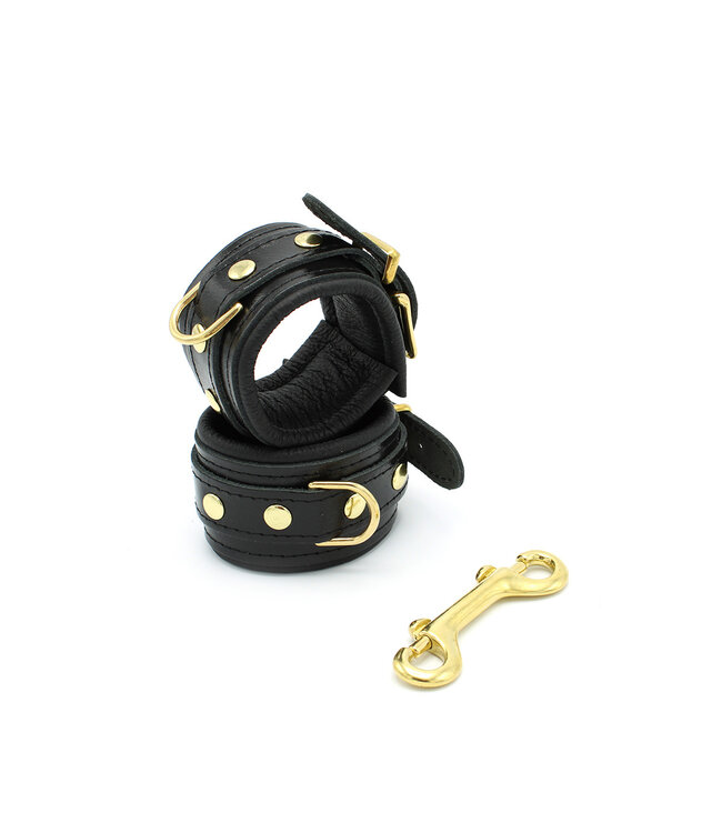 Kiotos Leather Luxuriöse schwarze Leder-BDSM-Handschellen mit goldenen Schnallen