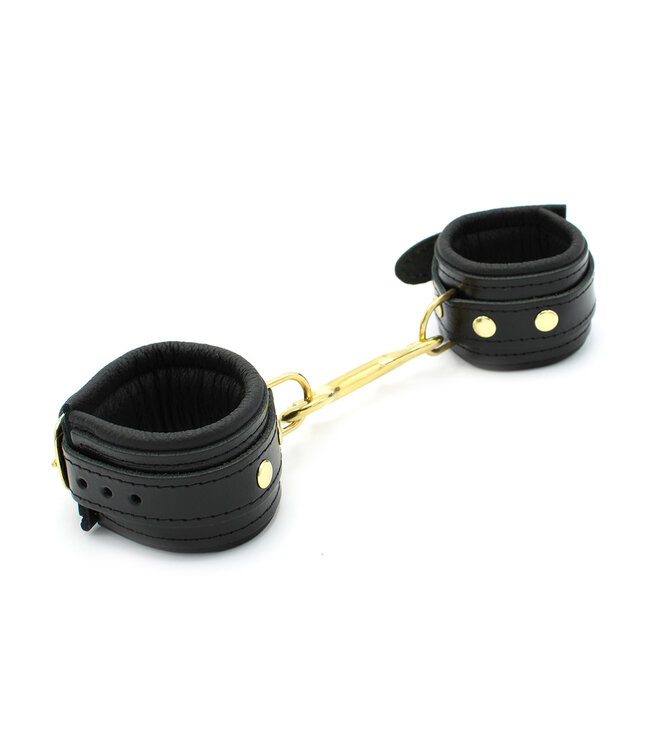Kiotos Leather Luxurious Shiny Black Leather BDSM Handcuffs with Gold Buckles