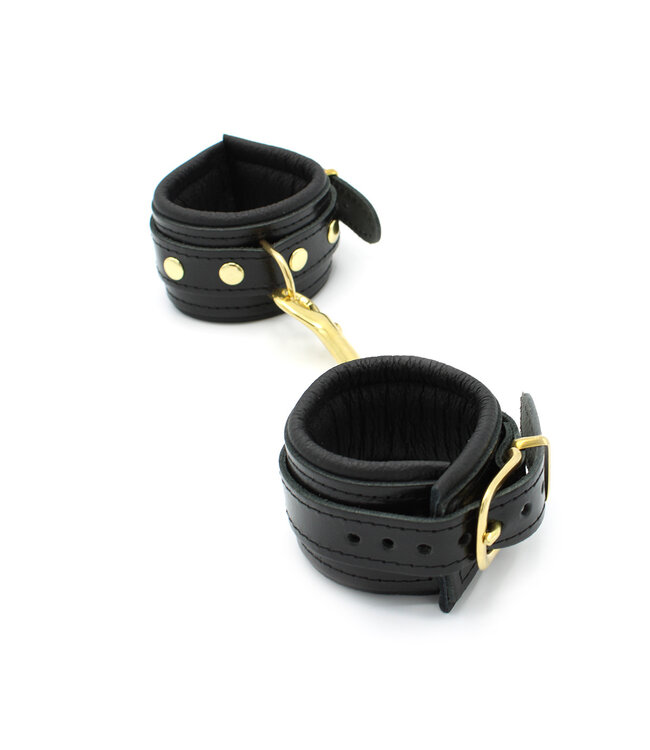 Kiotos Leather Luxurious Shiny Black Leather BDSM Handcuffs with Gold Buckles