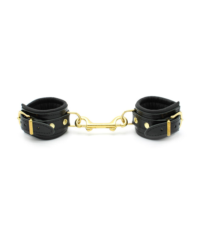 Kiotos Leather Luxurious Shiny Black Leather BDSM Handcuffs with Gold Buckles