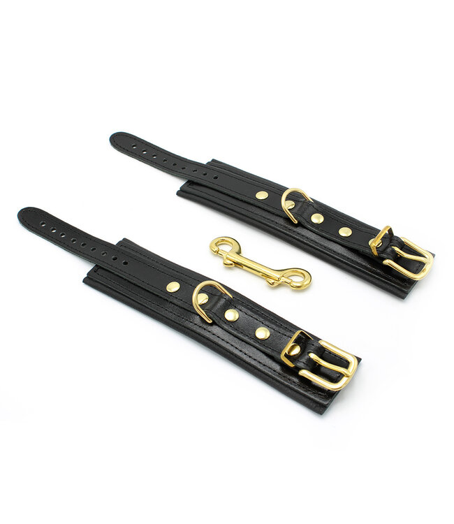 Kiotos Leather Luxuriöse schwarze Leder-BDSM-Handschellen mit goldenen Schnallen