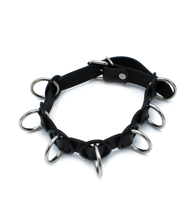 Kiotos Leather Adjustable Black Leather Collar with 7 Metal Rings - Stylish & Cool