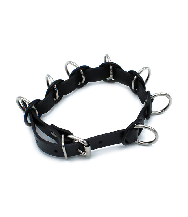 Kiotos Leather Stijlvolle Zwarte Leren Halsband Met 7 Ringen | Verstelbaar en Comfortabel