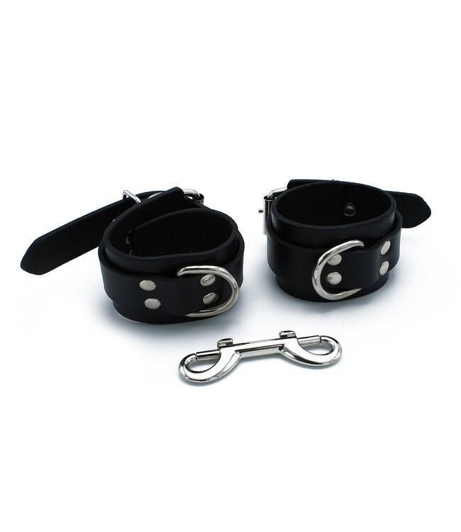 Kiotos Leather Stylish Black Leather Handcuffs with Chain - Adjustable & Durable