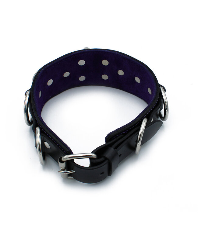 Kiotos Leather Luxuriöses schwarzes Leder-Halsband 56 cm mit O- und D-Ringen