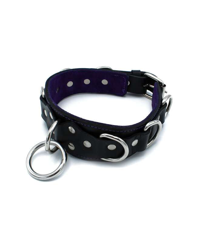 Kiotos Leather Stijlvolle Zwarte Leren Deluxe Halsband met O- en D-Ringen - 56 cm