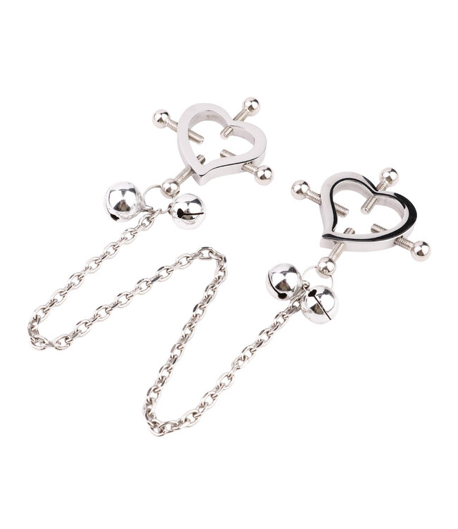 Kiotos Steel Heart-Shaped Stainless Steel Nipple Clamps with Bells for Playful Pleasure