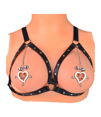 Kiotos Steel Heart-Shaped Nipple Clamps and PU Leather Harness with Bells
