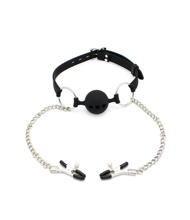 Kiotos X Label Silikon 2-in-1-Ballknebel mit Nippelklemmen | Komfort & Genuss
