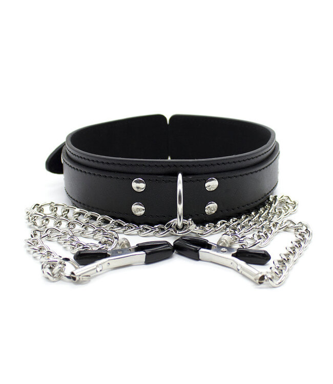 Perfect Lover PU-Lederhalsband mit verstellbaren Nippelklemmen für BDSM-Spiele