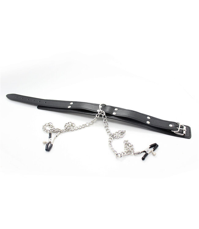 Perfect Lover Sleek PU Leather Collar with Nipple Chains for BDSM Domination Play