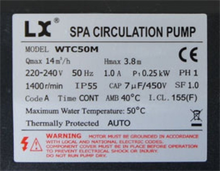 LX WTC50M circulatiepomp voor Jacuzzi spa en bubbelbad 0,33pk