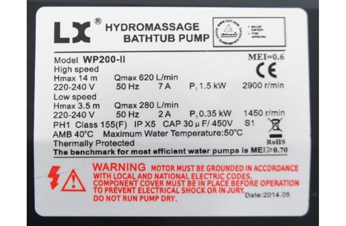 LX WP200-II Massage Pomp 2-spd 2,0hp