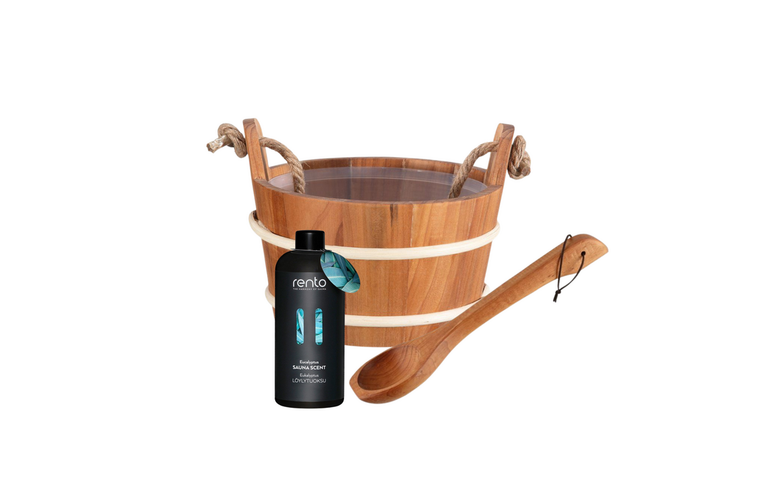 Rento Houten Sauna emmer met handvat touw, lepel en 400 ml Eucalyptus opgietmiddel - Donker