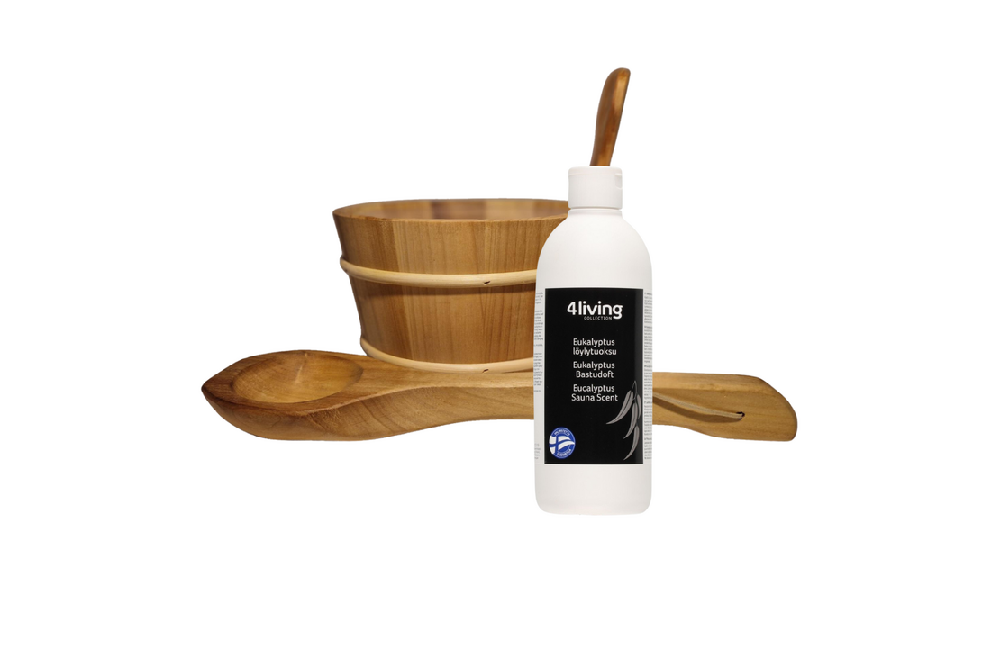 4living Sauna emmer, lepel en 500 ml Eucalyptus opgietmiddel - Elzen
