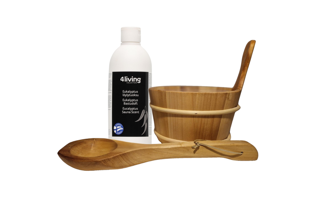 4living Sauna emmer, lepel en 500 ml Eucalyptus opgietmiddel - Elzen