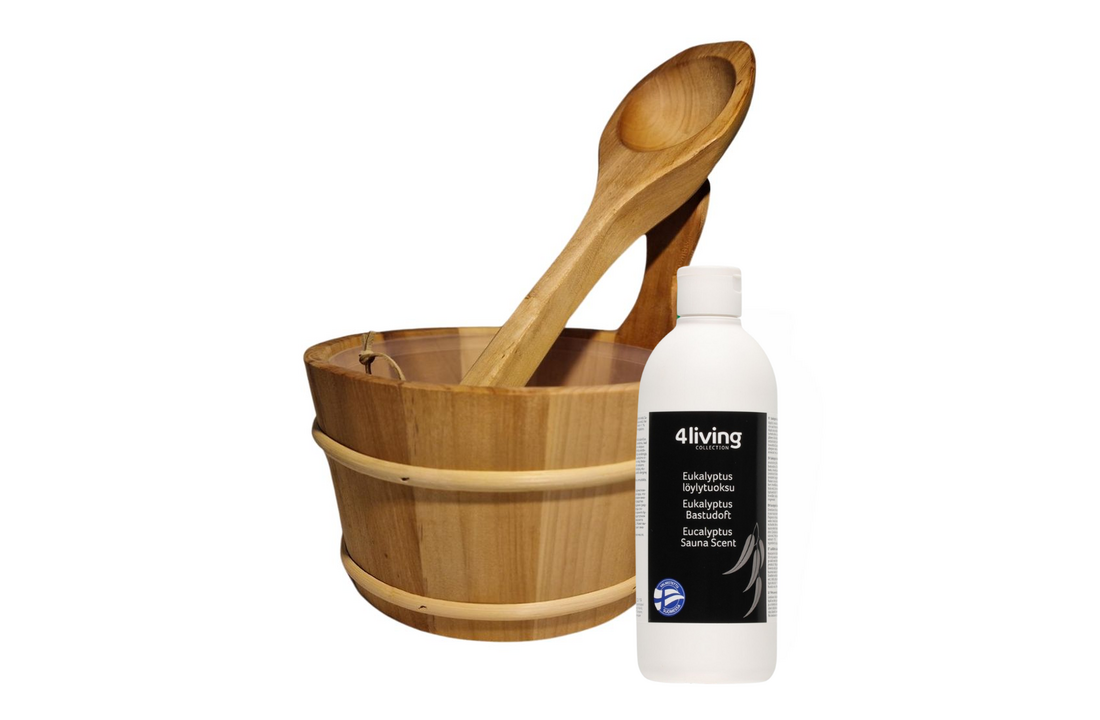 4living Sauna emmer, lepel en 500 ml Eucalyptus opgietmiddel - Elzen
