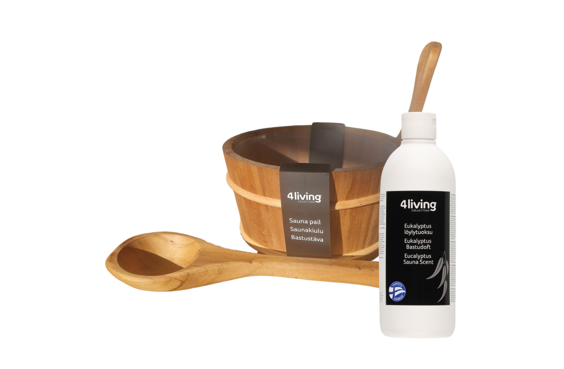 4living Sauna emmer, lepel en 500 ml Eucalyptus opgietmiddel - Elzen