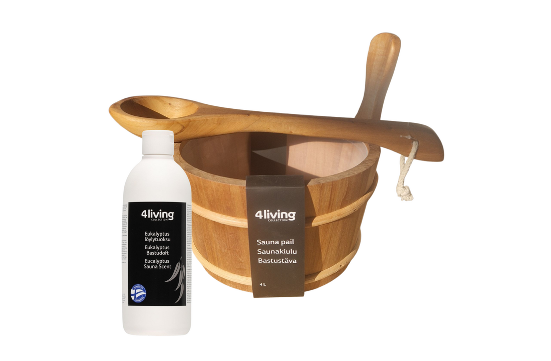 4living Sauna emmer, lepel en 500 ml Eucalyptus opgietmiddel - Elzen