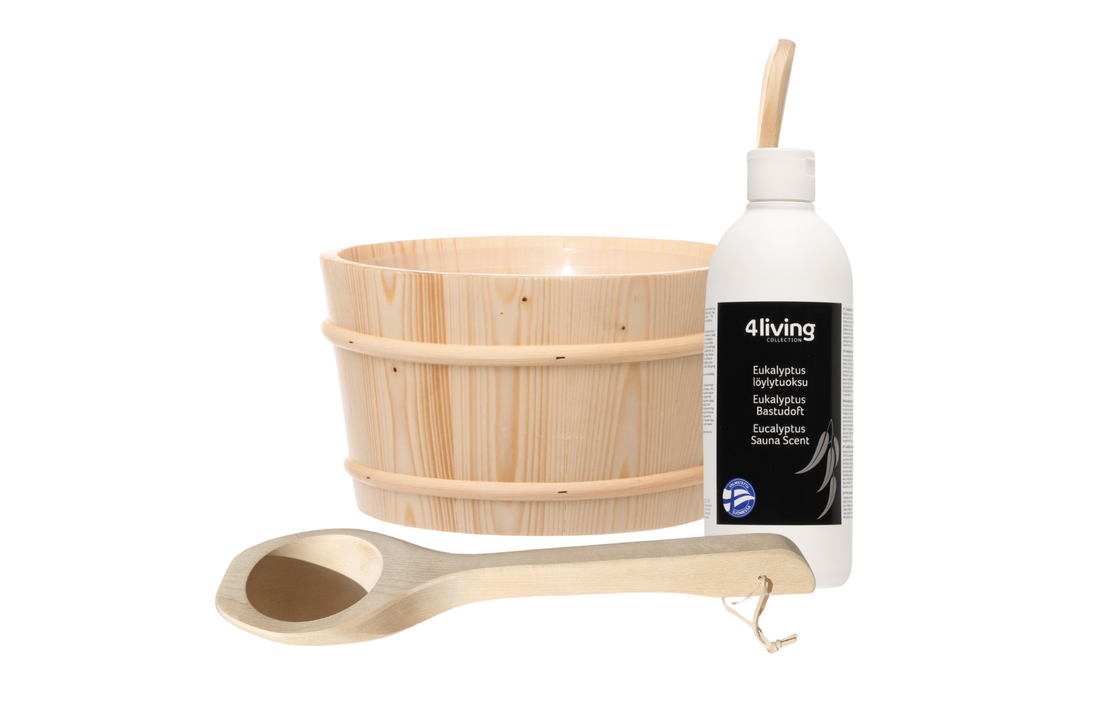 4Living Sauna emmer, lepel en 500 ml Euca opgietmiddel  - Sparren