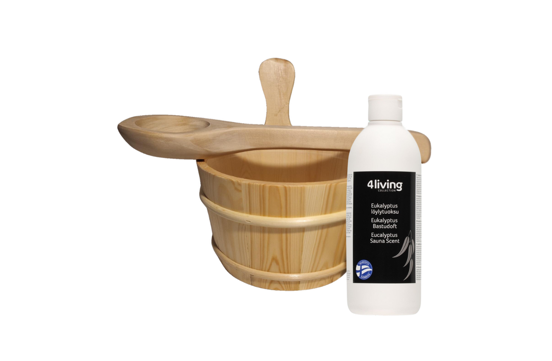4Living Sauna emmer, lepel en 500 ml Euca opgietmiddel  - Sparren
