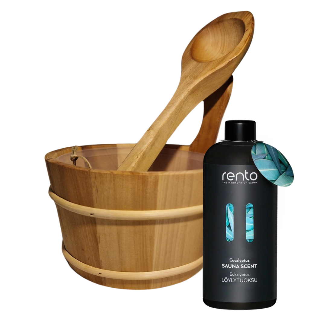 Rento Houten Sauna emmer, lepel en 500 ml Eucalyptus opgietmiddel - Donker