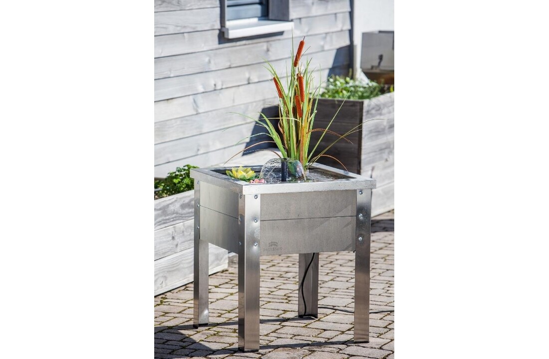 Heissner terras fontein hout/RVS grijs