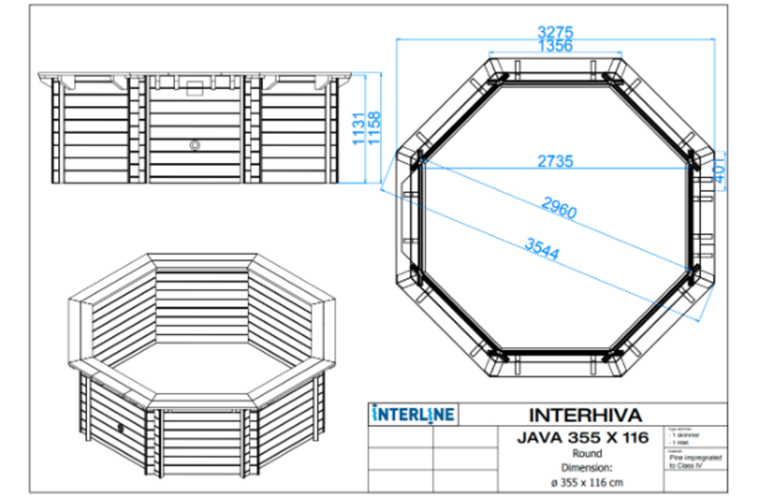 Interline Java Houten Zwembad rond 3.55 m. doorsnede